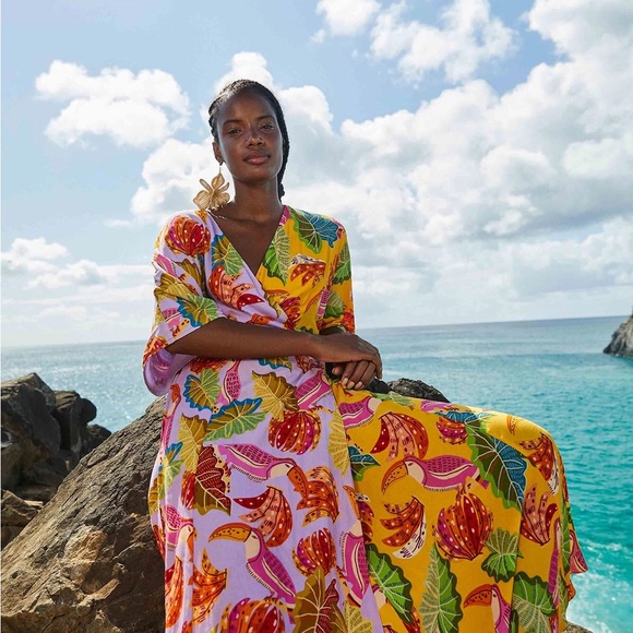 FARM RIO MIXED BEAKS & BANANAS VISCOSE WRAP MAXI DRESS MULTICOLOR SIZE LARGE NEW - Picture 3 of 11
